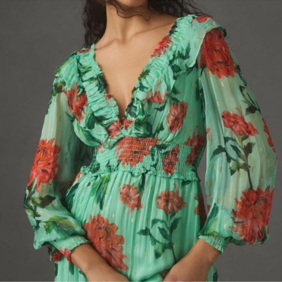 Anthropologie Floral Green and Red maxi dress Dress new with tag’s XL - Picture 2 of 4